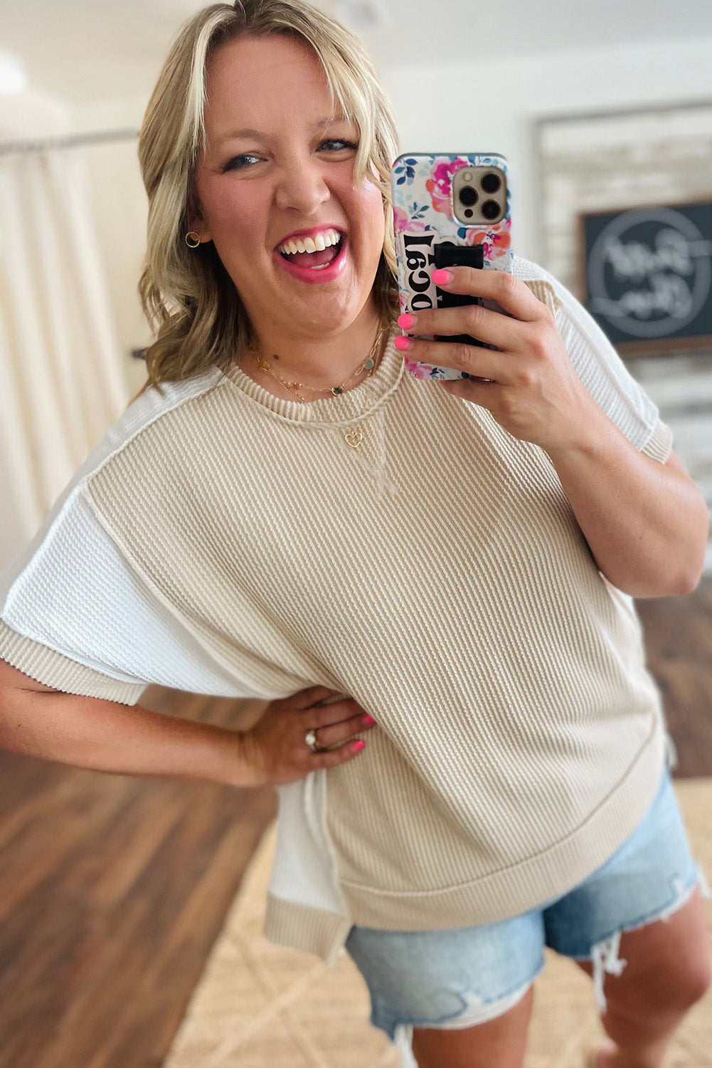 Parchment Twist Rib Colorblock Hi Low Plus Size Short Sleeve Top Plus Size JT's Designer Fashion