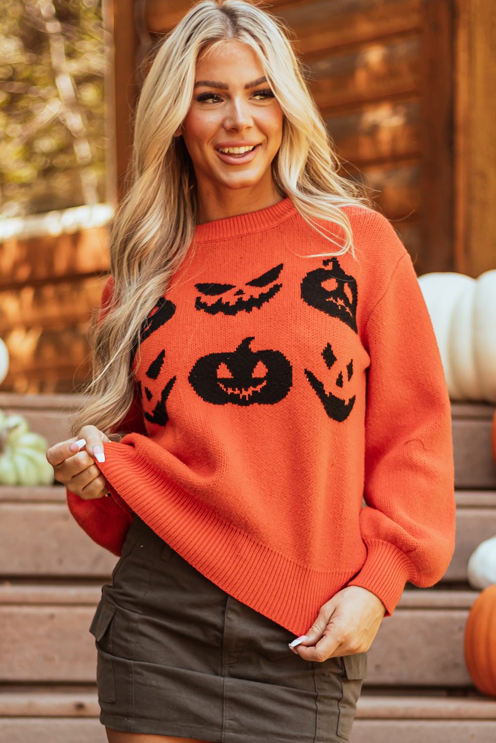 Orange Halloween Pumpkin Face Pattern Drop Shoulder Sweater Sweaters JT's Designer Fashion