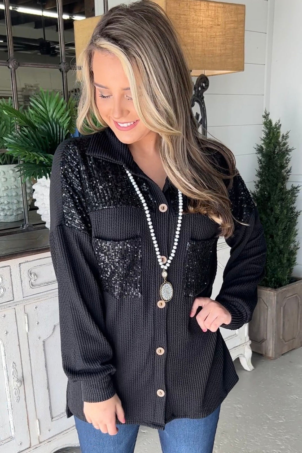 Black Sequin Patch Chest Pocket Corded Shacket Jackets JT's Designer Fashion