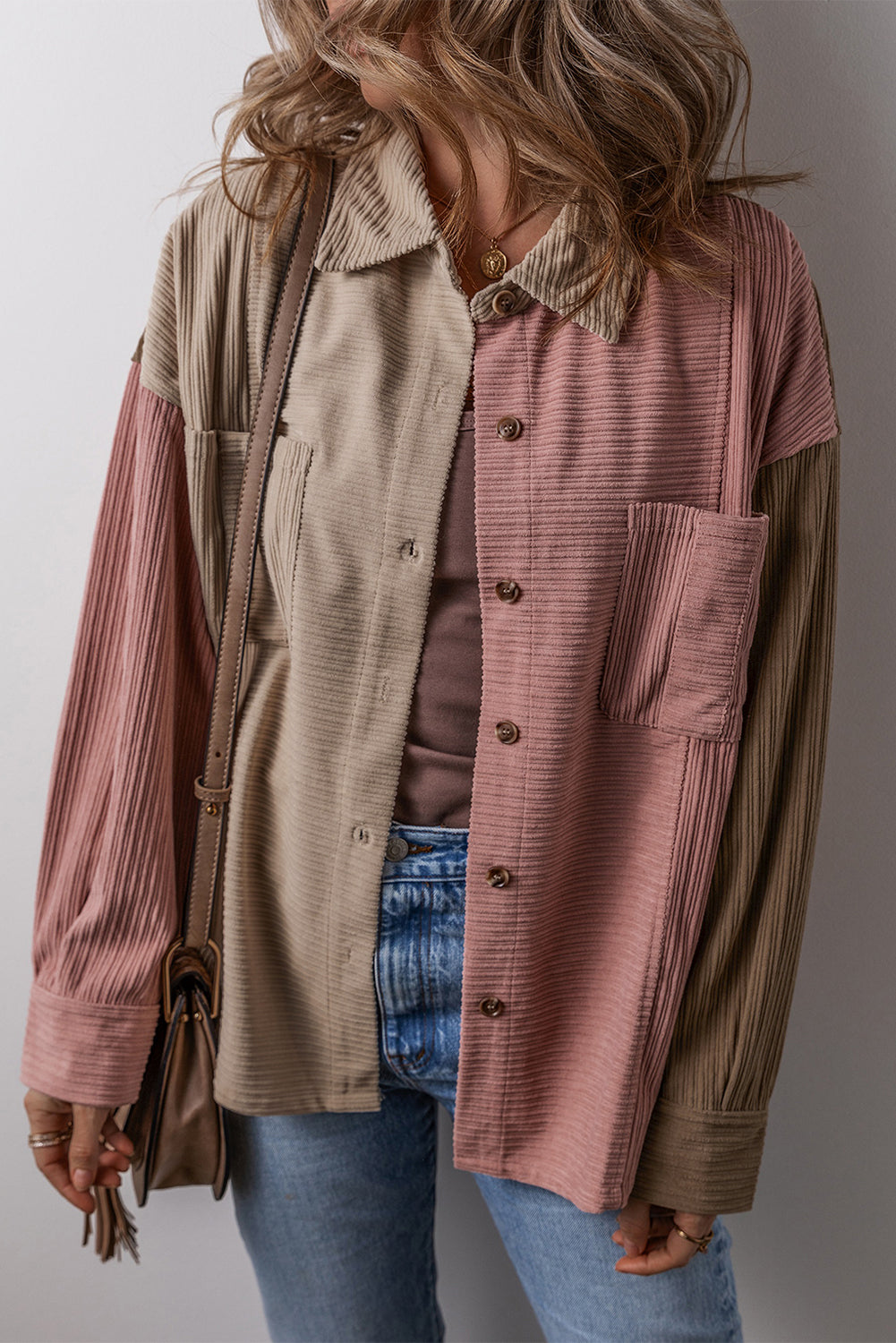 Mineral Red Color Block Chest Pockets Buttoned Corduroy Shacket Jackets JT's Designer Fashion