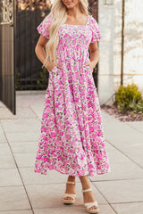 Pink Dainty Floral Smocked Puff Sleeve Flowy Long Dress Maxi Dresses JT's Designer Fashion