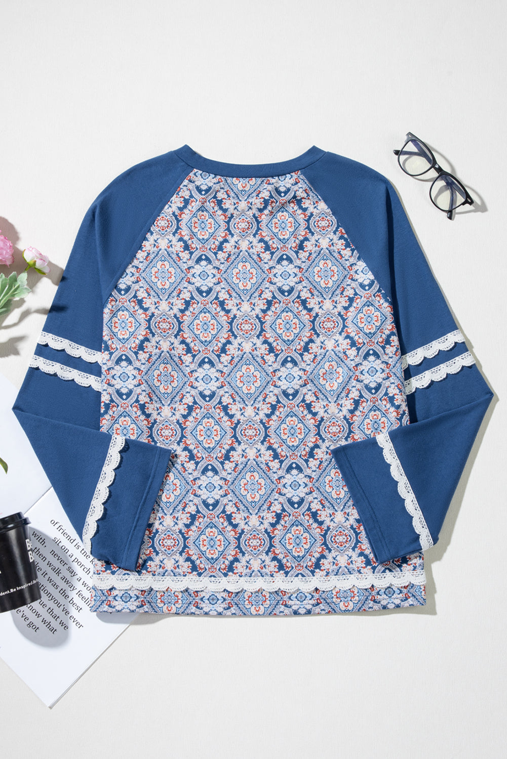Blue Geometric Printed Lace Patchwork Ric Rac Raglan Long Sleeve Top Long Sleeve Tops JT's Designer Fashion