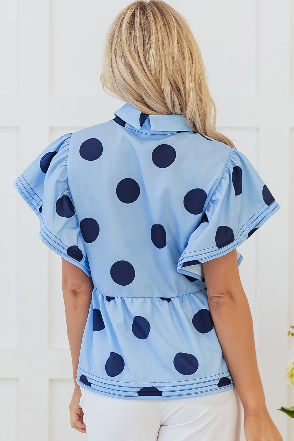 Sky Blue Polka Dot Print Ruffled Short Sleeve Buttoned Collared Blouse Blouses & Shirts JT's Designer Fashion