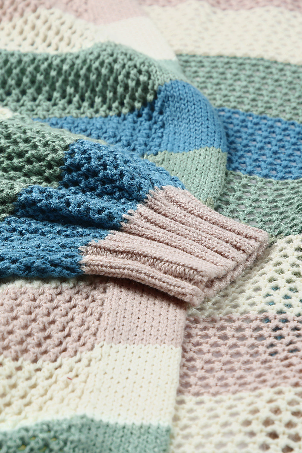 Green Striped Color Block Hollowed Knit Cardigan Sweaters & Cardigans JT's Designer Fashion
