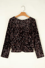 Chicory Coffee Sequin Long Sleeve Cutout Back Top Long Sleeve Tops JT's Designer Fashion
