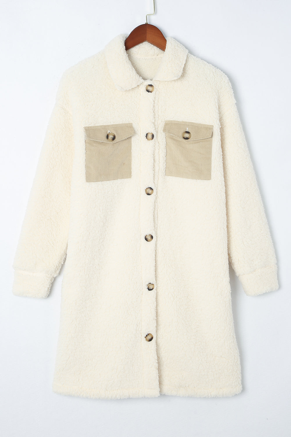 Beige Contrast Flap Pocket Single Breasted Teddy Coat Coats JT's Designer Fashion
