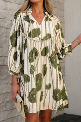Guacamole Green Floral Striped Print Contrast Piping Puff Sleeve Dress Floral Dresses JT's Designer Fashion
