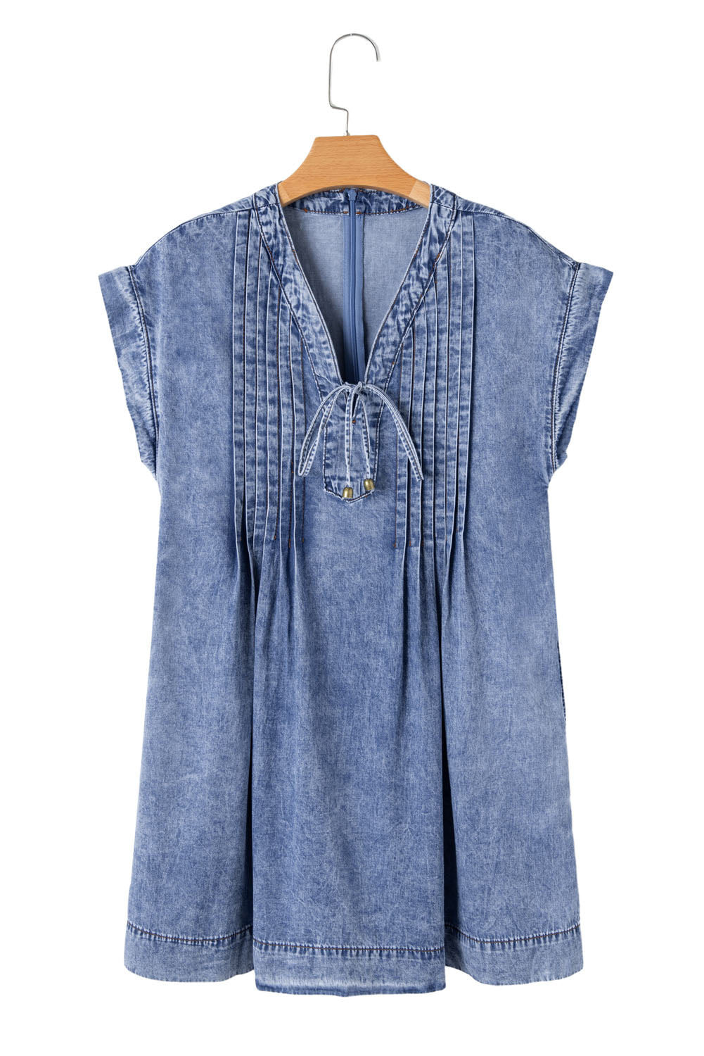 Beau Blue Tie V Neck Tucking Detail Short Sleeve Denim Shift Dress Mini Dresses JT's Designer Fashion