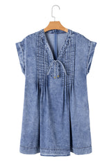 Beau Blue Tie V Neck Tucking Detail Short Sleeve Denim Shift Dress Mini Dresses JT's Designer Fashion