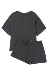 Carbon Grey Ribbed Textured Knit Loose Fit Tee and Shorts Set Short Sets JT's Designer Fashion