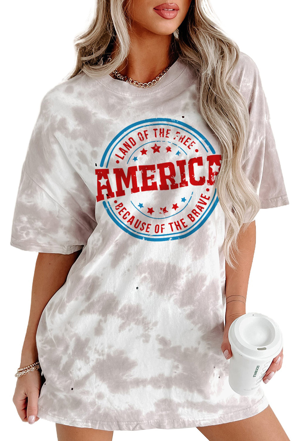 White Oversized Tie-dye AMERICA Graphic T-shirt with Distressing Graphic Tees JT's Designer Fashion