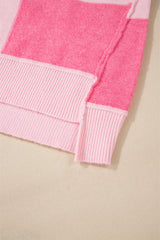 Pink Checkered Colorblock Striped High Low Loose Sweater Sweaters JT's Designer Fashion