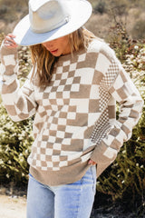 Khaki Checkered Print Drop Shoulder Round Neck Sweater Sweaters JT's Designer Fashion