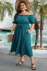 Skobeloff Frilled U Neck Puff Sleeve Belted Ruffle Hem Plus Size Midi Dress Plus Size Mini Dresses JT's Designer Fashion