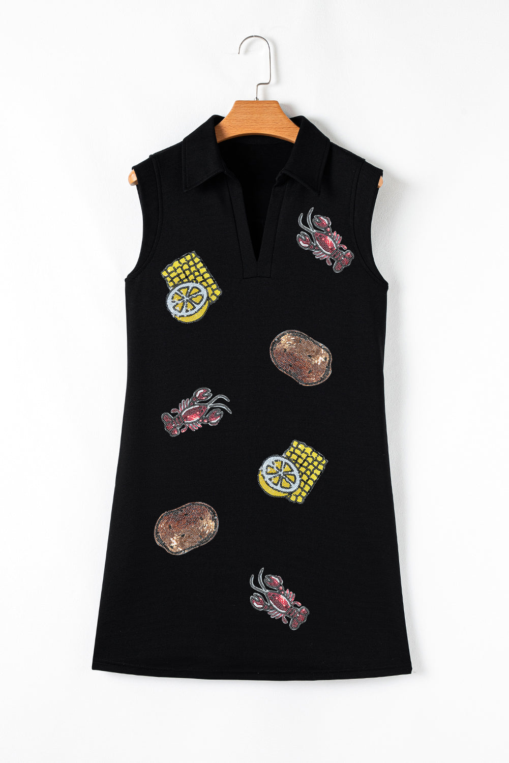 Black Sequin Patched V Neck Collared Mini Dress Graphic Dresses JT's Designer Fashion