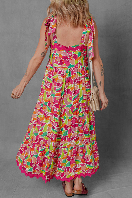 Multicolour Floral Tied Straps Ricrac Trim Long Dress Maxi Dresses JT's Designer Fashion