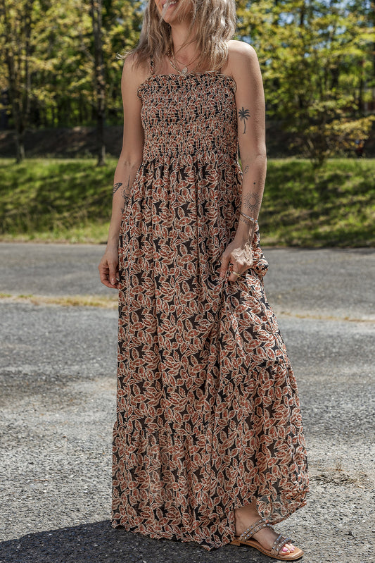 Brown Floral Smocked Bodice High Waist Flowy Sun Dress Brown 100%Polyester Floral Dresses JT's Designer Fashion