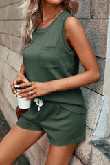 Mist Green Waffle Knit Patched Pocket Tank and Drawstring Shorts Set Short Sets JT's Designer Fashion