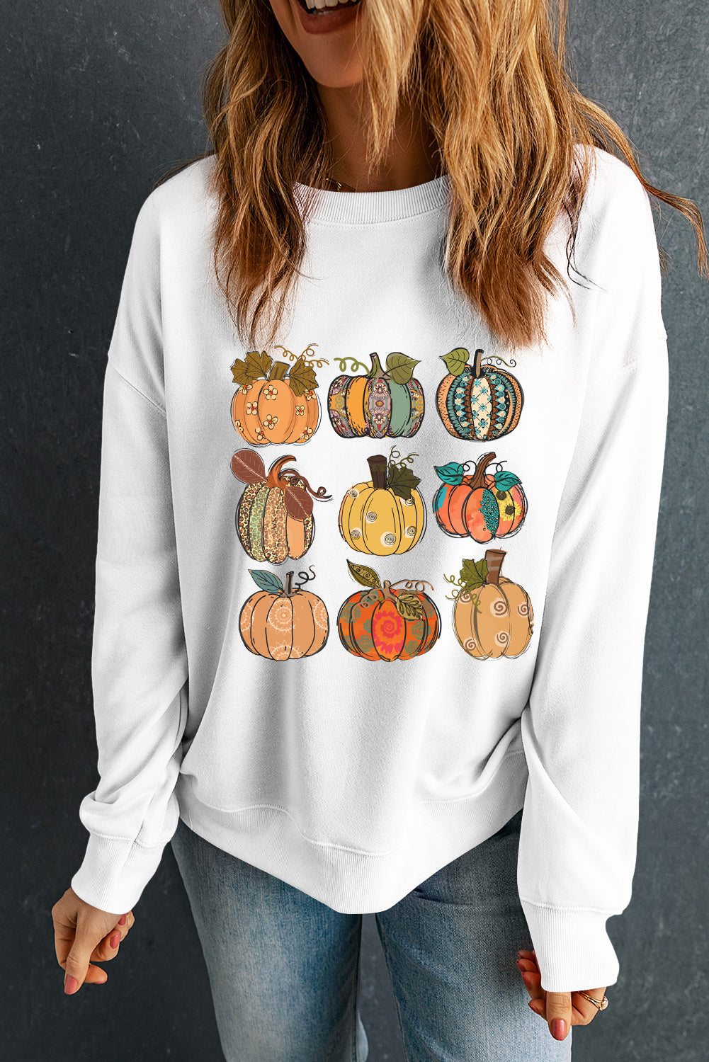 Beige Thanksgiving Pumpkin Print Drop Shoulder Sweatshirt Graphic Sweatshirts JT's Designer Fashion