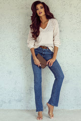 White Eyelet Pattern Detail V Neck Drop Shoulder Sweater Sweaters JT's Designer Fashion