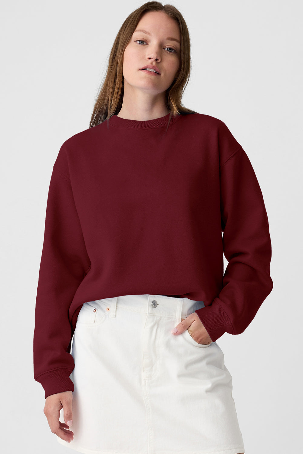 Burgundy Solid Fleece Lined Drop Shoulder Terry Sweatshirt Sweatshirts & Hoodies JT's Designer Fashion