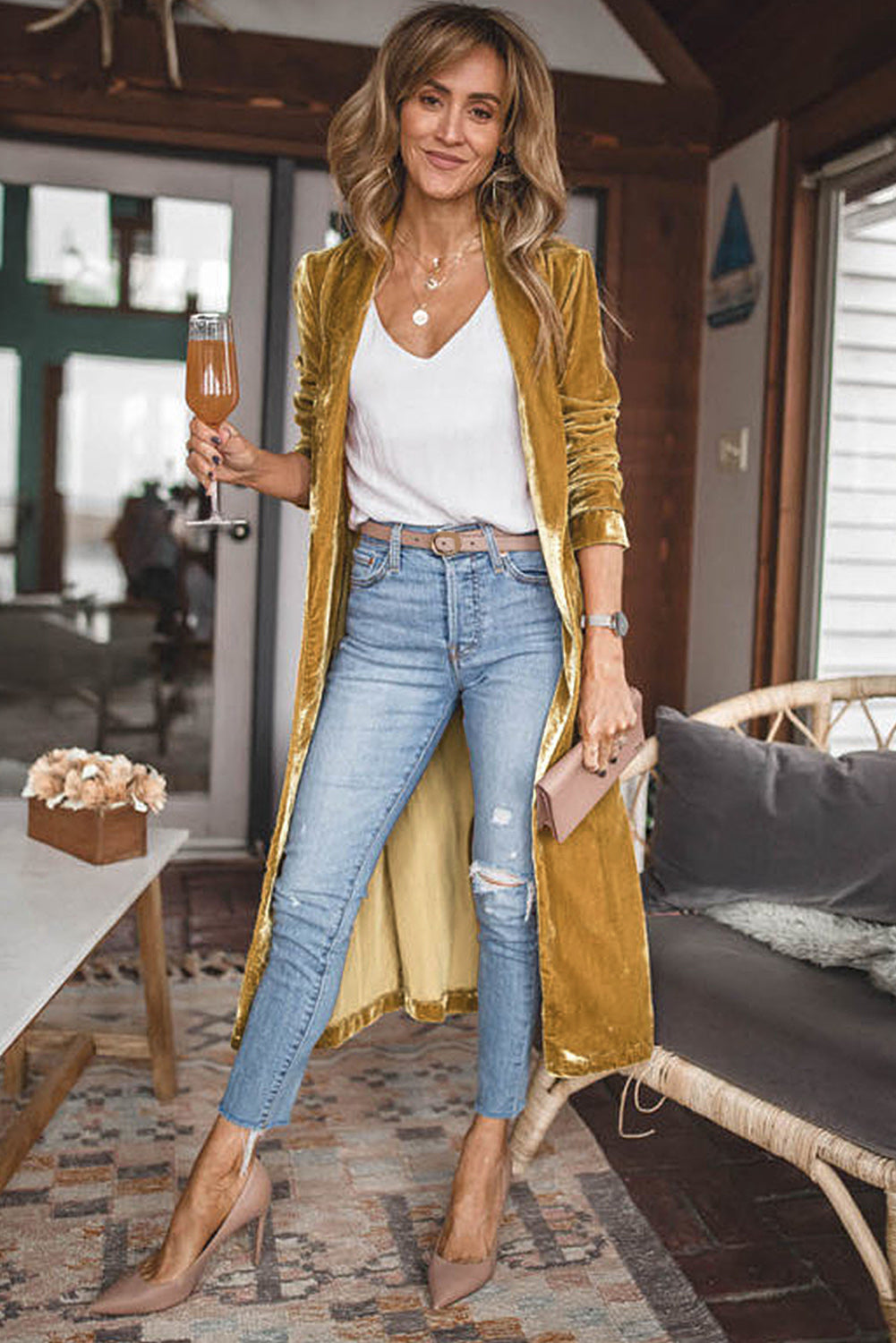 Yellow Velvet Open Front Pocketed Long Duster Sweaters & Cardigans JT's Designer Fashion