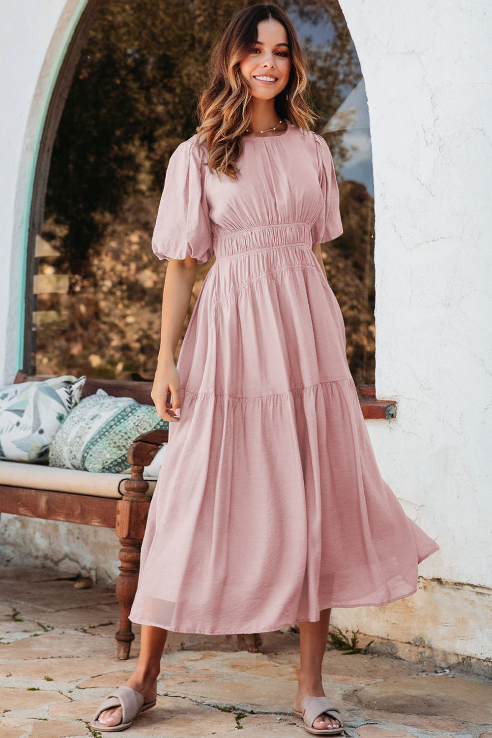 Pink Puff Sleeve Pleated High Waist Flowy Long Dress Maxi Dresses JT's Designer Fashion
