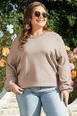 Smoke Gray Pearled Drop Shoulder Plus Size Sweater Plus Size Sweaters & Cardigans JT's Designer Fashion