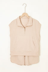 Parchment Textured Half Zip Kangaroo Pocket Top Drawstring Shorts Set Short Sets JT's Designer Fashion