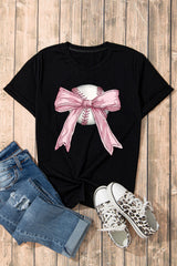 Black Baseball Bow Knot Print Round Neck T Shirt Graphic Tees JT's Designer Fashion