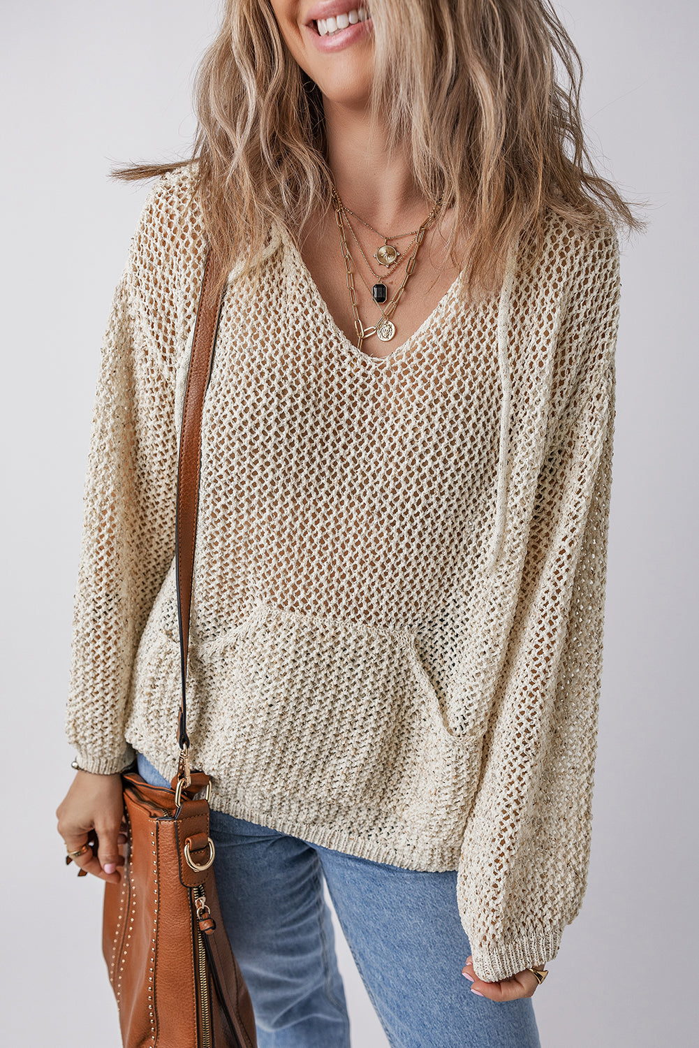 Jet Stream Hollow-out Kangaroo Pocket V Neck Hooded Sweater Sweaters JT's Designer Fashion