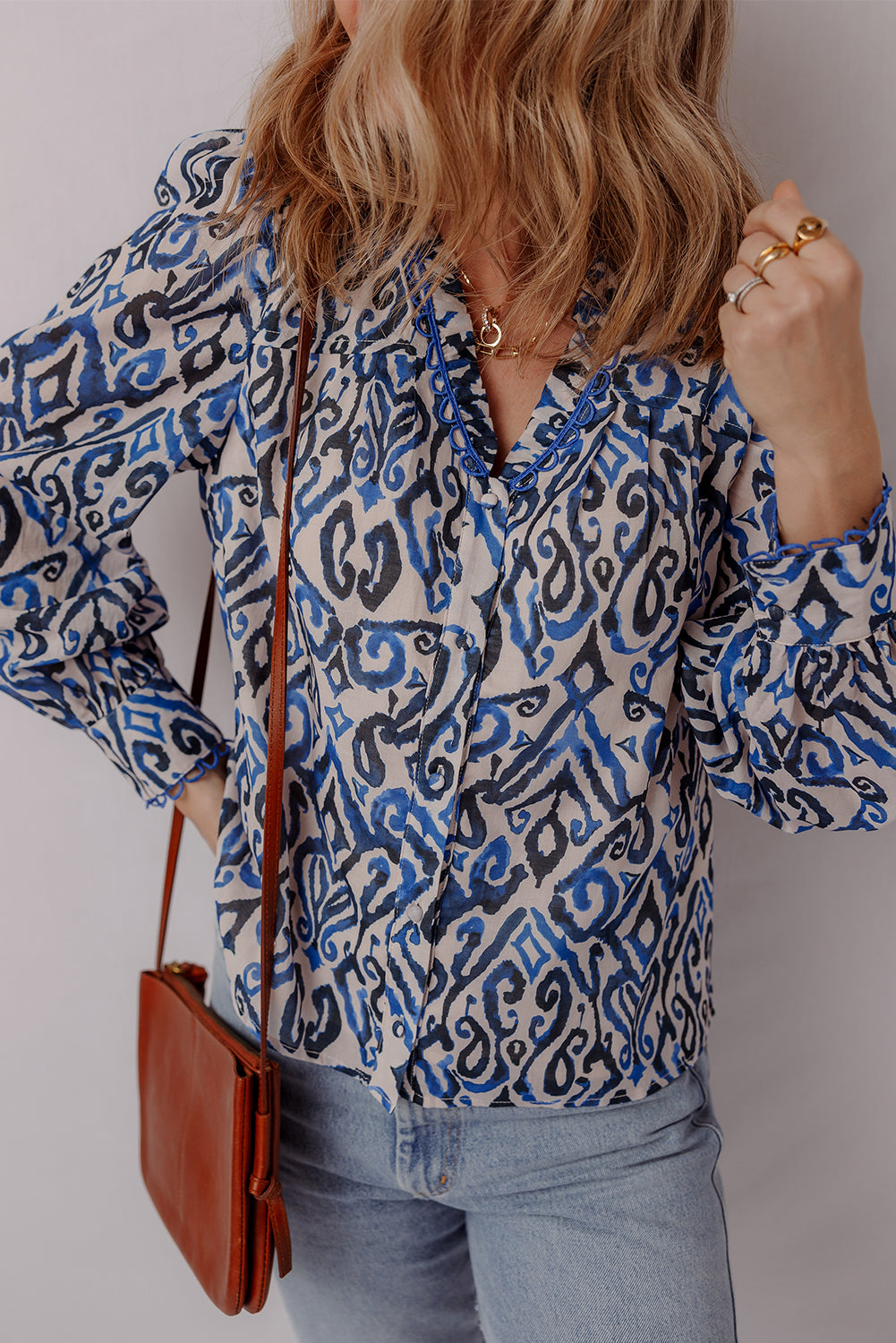 Blue Bohemian Print Embroidered V Neckline Detail Long Sleeve Shirt Blouses & Shirts JT's Designer Fashion