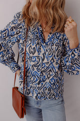 Blue Bohemian Print Embroidered V Neckline Detail Long Sleeve Shirt Blouses & Shirts JT's Designer Fashion