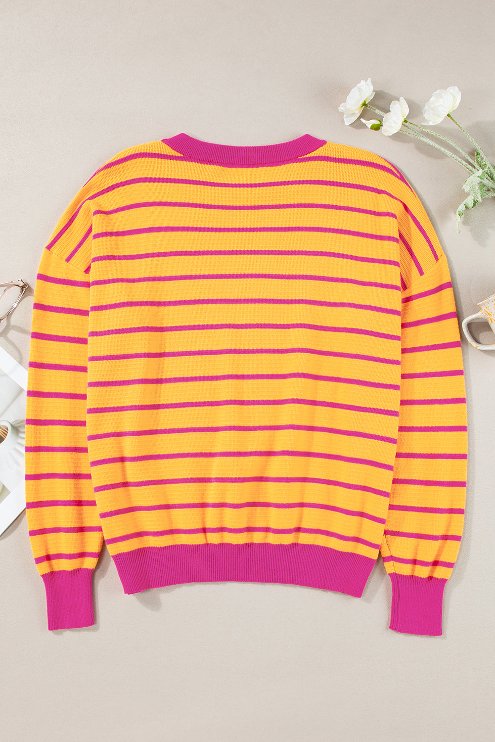 Orange Stripe Trimmed Round Neck Drop Shoulder Loose Sweater Sweaters JT's Designer Fashion