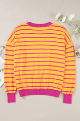 Orange Stripe Trimmed Round Neck Drop Shoulder Loose Sweater Sweaters JT's Designer Fashion