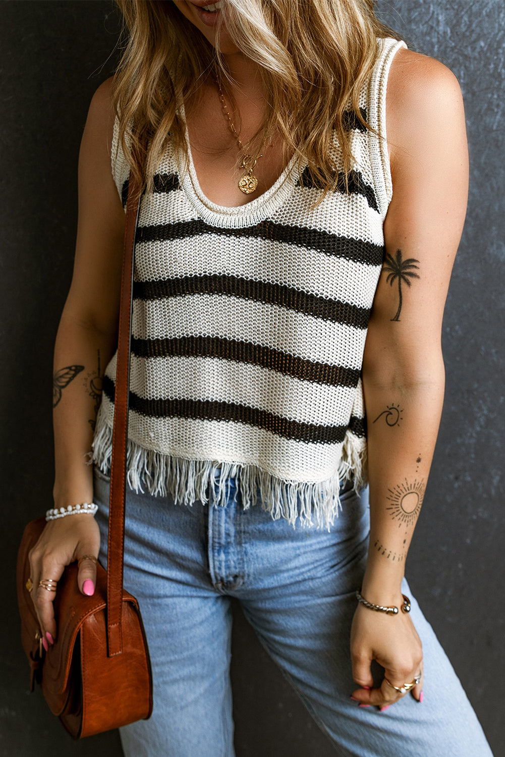 Beige Stripe U Neck Fringed Hem Knit Vest Sweaters & Cardigans JT's Designer Fashion
