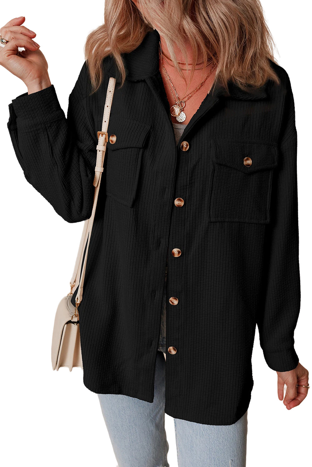 Black Corduroy Flap Pocket Button Up Shacket Jackets JT's Designer Fashion