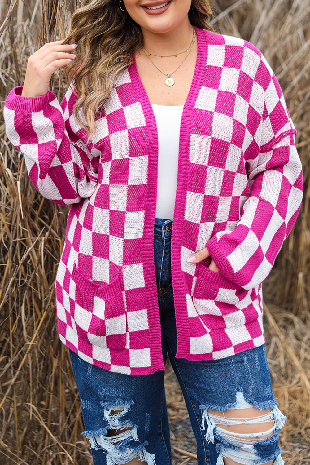 Bonbon Checkered Pattern Open Front Plus Size Cardigan Plus Size Sweaters & Cardigans JT's Designer Fashion