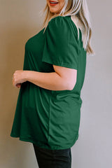 Green Plus Size Square Neck Ruched Shoulder Short Sleeve Top Plus Size Tops & Tees JT's Designer Fashion