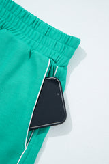 Dark Green Colorblock Trim V Neck Pullover Top and Shorts Set Short Sets JT's Designer Fashion