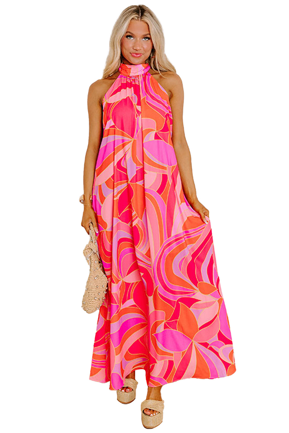 Rose Abstract Printed High Neck Knotted Nape Sleeveless Long Dress Maxi Dresses JT's Designer Fashion