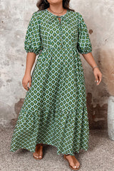 Green Geometric Floral Print Half Sleeve Plus Size Maxi Dress Plus Size Maxi Dresses JT's Designer Fashion