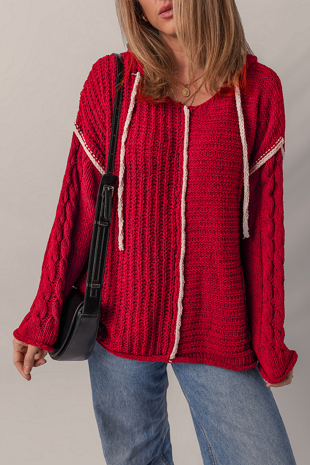 Racing Red Color Contrast Trim Textured Knit Drawstring Hooded Sweater Racing Red 100%Acrylic Sweaters JT's Designer Fashion