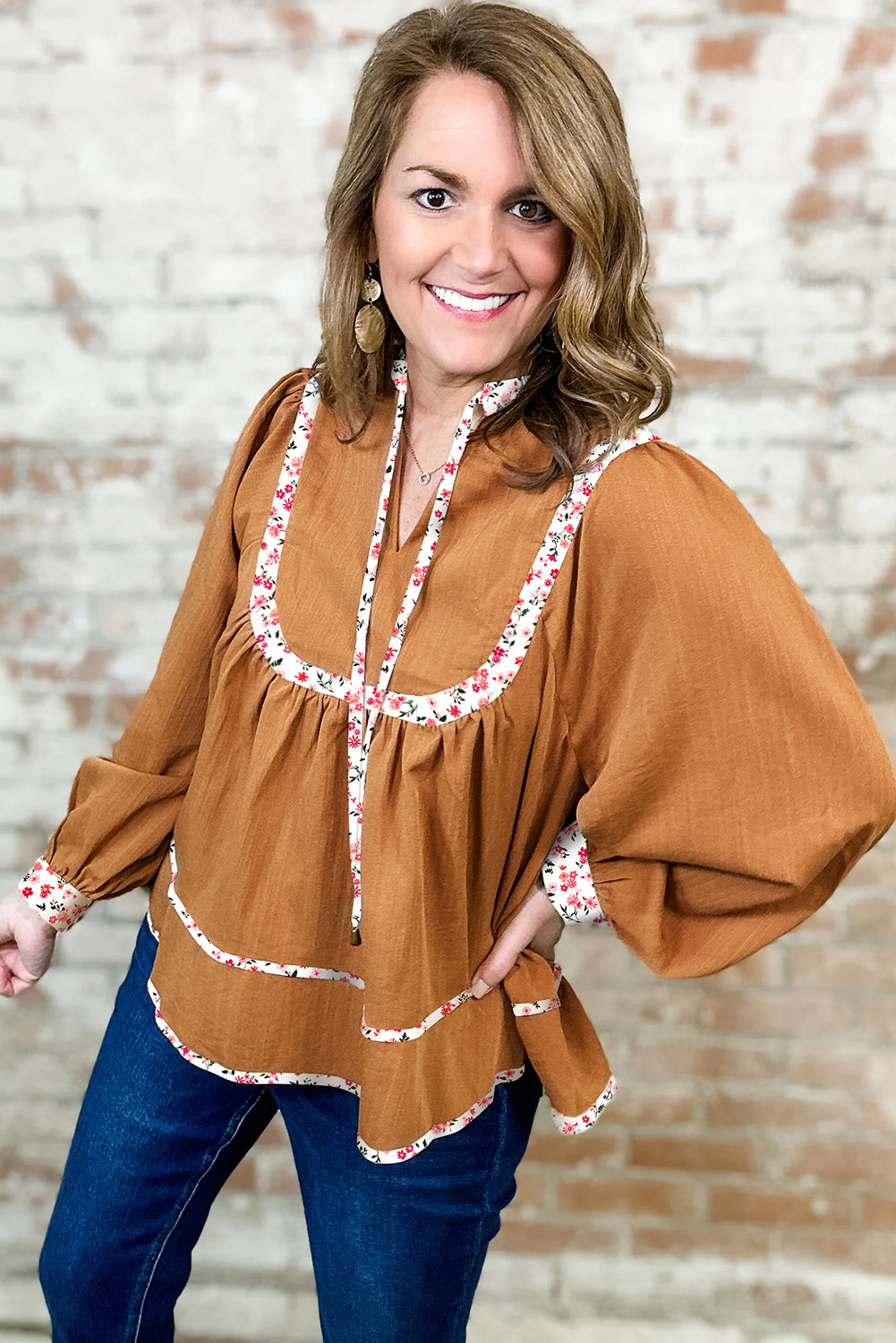 Straw Yellow Split Neck Pleated Floral Trim Long Puff Sleeve Blouse Blouses & Shirts JT's Designer Fashion