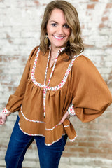 Straw Yellow Split Neck Pleated Floral Trim Long Puff Sleeve Blouse Blouses & Shirts JT's Designer Fashion