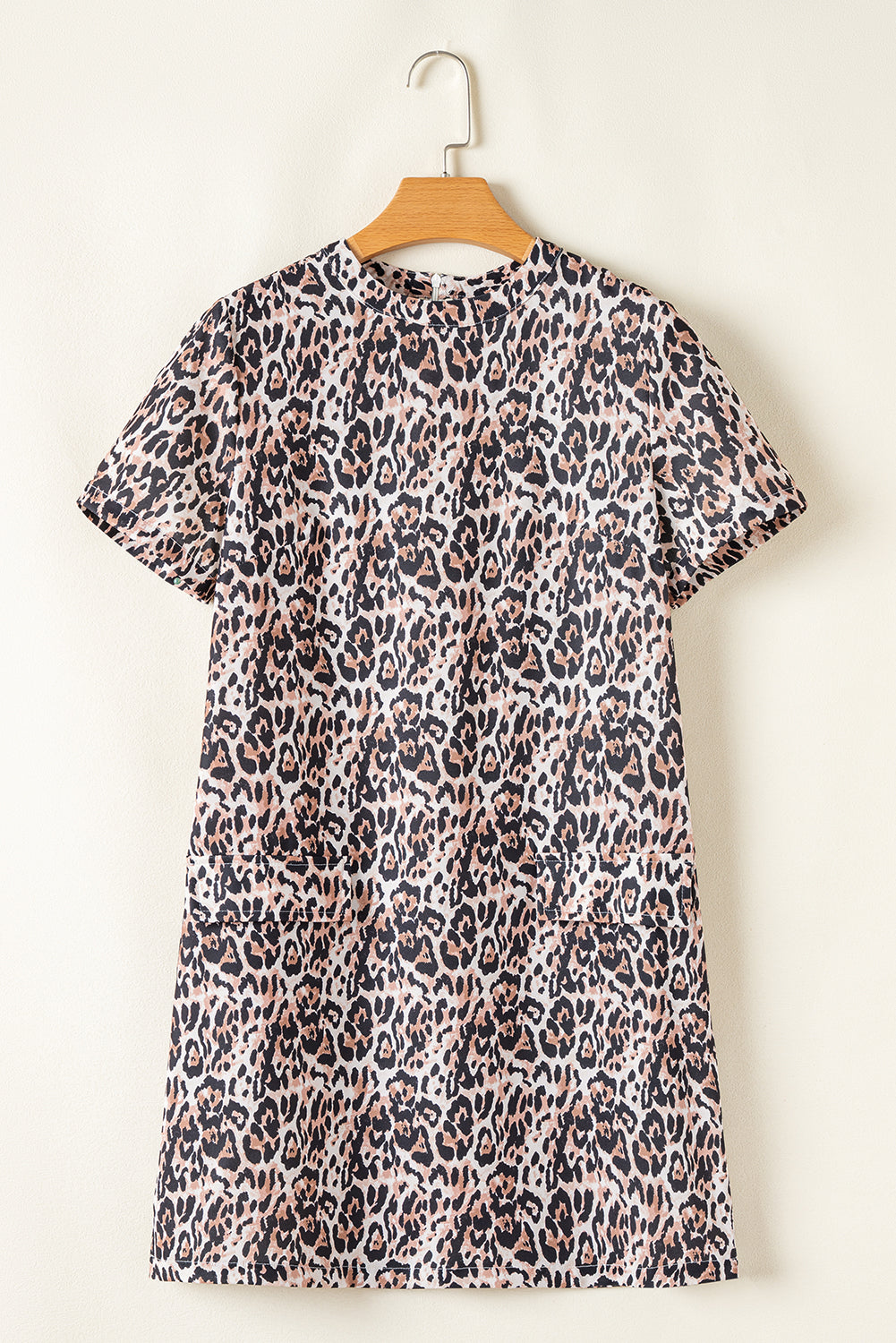 Brown Leopard Print Crew Neck Shift Short T Shirt Dress T Shirt Dresses JT's Designer Fashion
