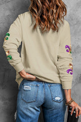 Khaki Sequin Mardi Gras Graphic Pullover Sweatshirt Graphic Sweatshirts JT's Designer Fashion