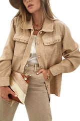 Light French Beige Solid Frilled Flap Pocket Button Up Corduroy Shacket Jackets JT's Designer Fashion