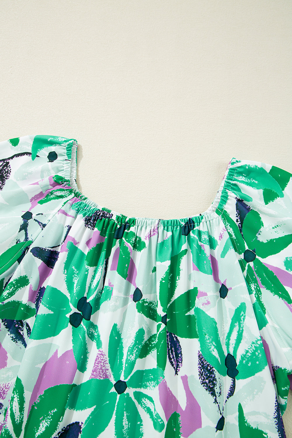 Green Floral Print Shirred Square Neck Loose Fit Mini Dress Floral Dresses JT's Designer Fashion