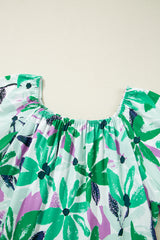 Green Floral Print Shirred Square Neck Loose Fit Mini Dress Floral Dresses JT's Designer Fashion